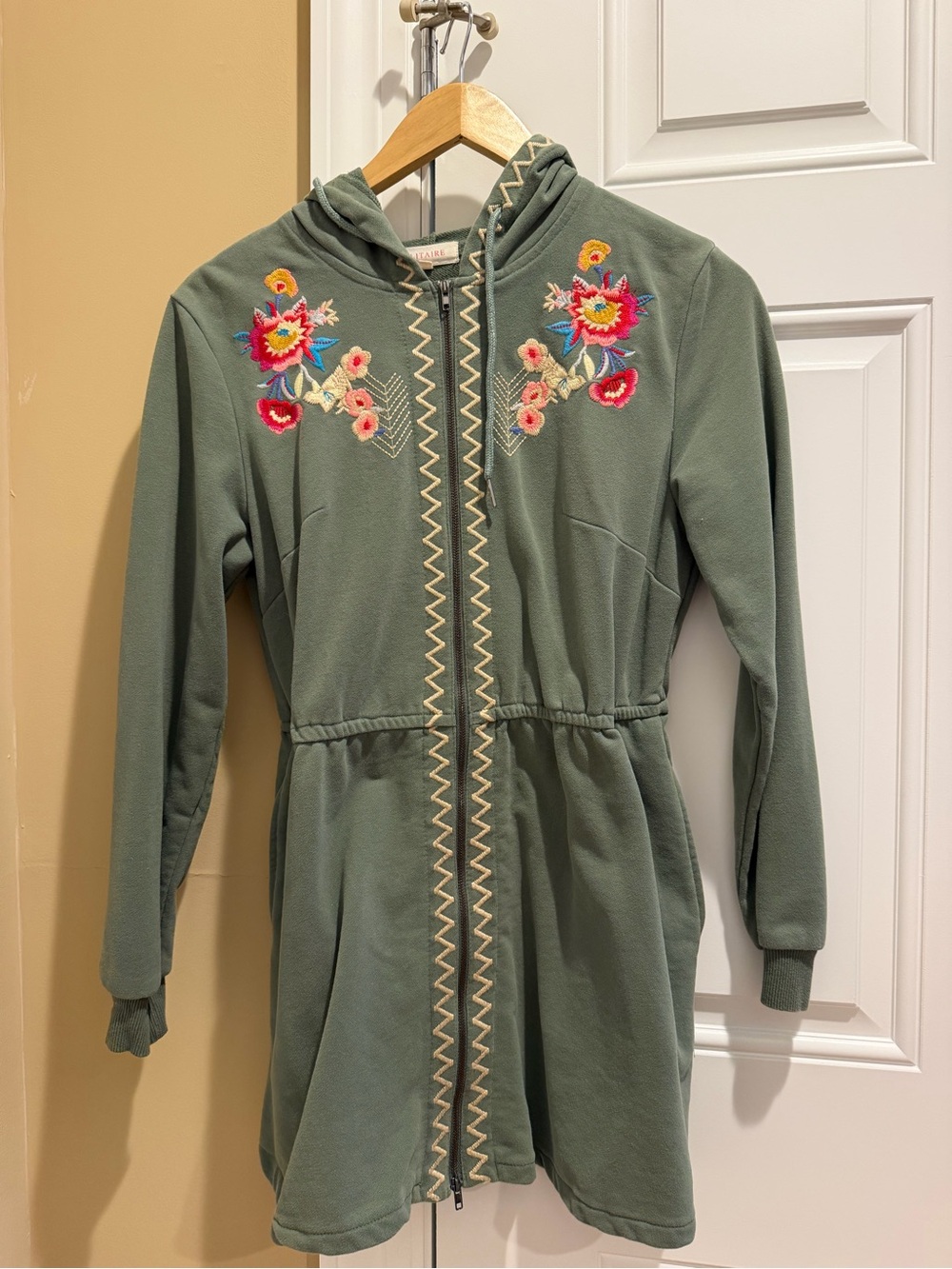 Embroidered Hooded Jacket Coat - Olive Green